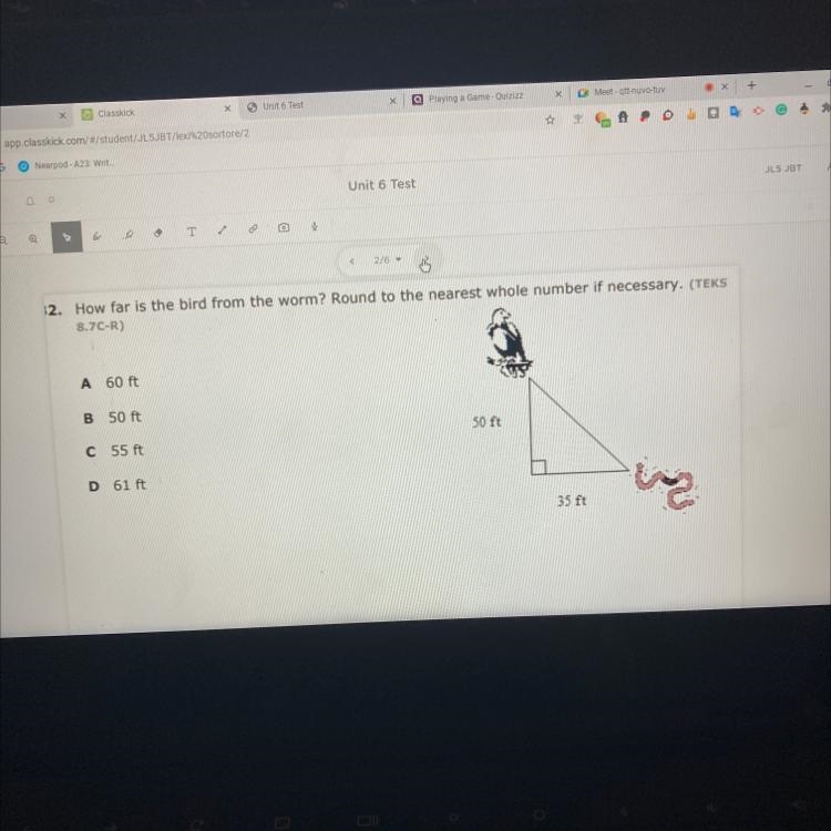 2. How far is the bird from the worm? Round to the nearest whole number if necessary-example-1