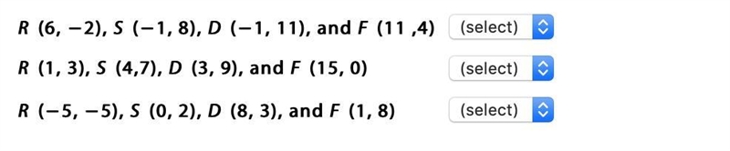 Is RS perpendicular to DF? Select Yes or No for each statement. R (6, −2), S (−1, 8), D-example-1