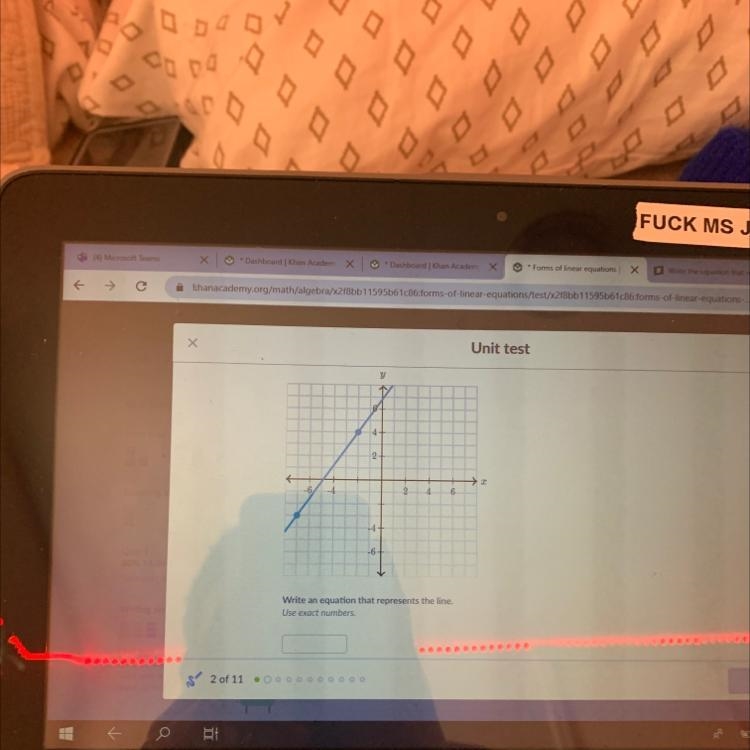 Write an equation that represents the line. Use exact numbers. Help quick plz-example-1