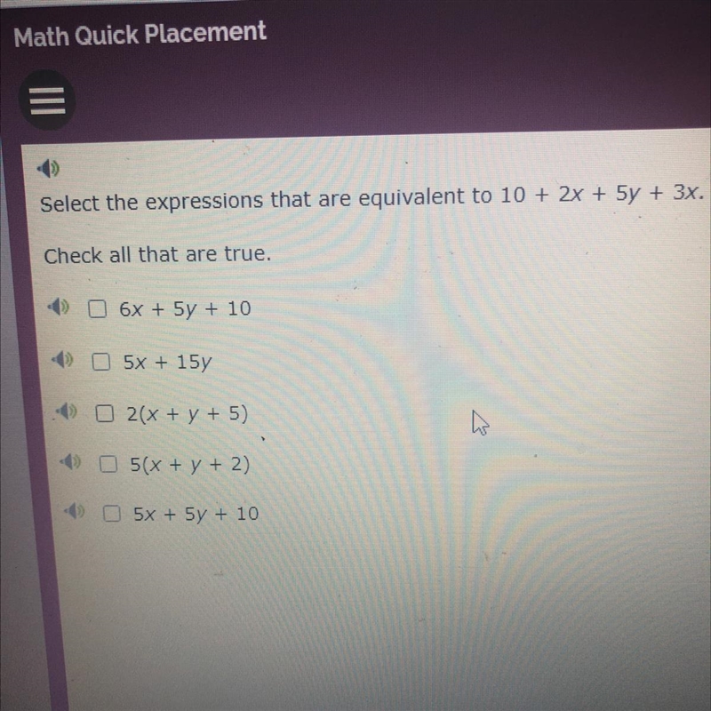 What are all equivalent to 10+2x+5y+3x-example-1