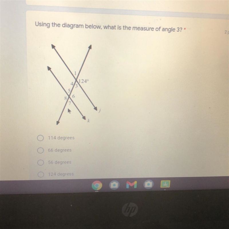 Using the diagram below, what is the measure of angle 3? * 1249 6 O 114 degrees O-example-1