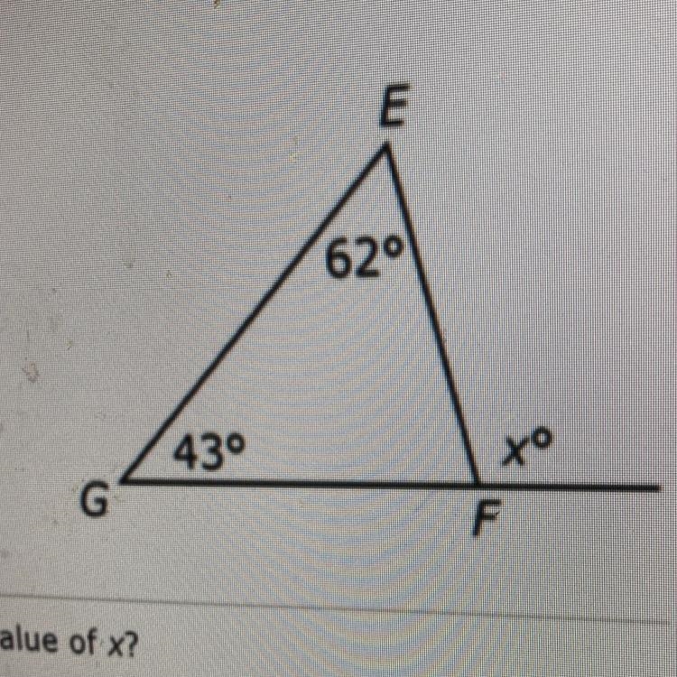 What is the value of x? please help me! A. 43 B. 62 C. 105 D. 115-example-1