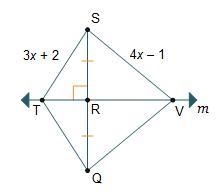 In the diagram, the length of segment QV is 15 units. Line m is a perpendicular bisector-example-1