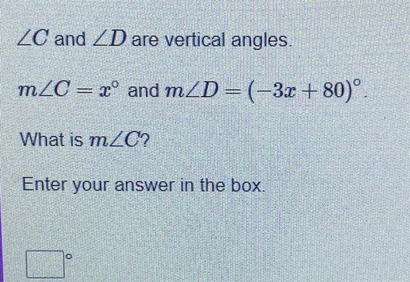 WORKED EXAMPLES Try Vertical Angle Problems ZC and Dare vertical angles. m_C=° and-example-1