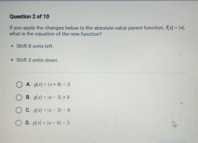 If you apply the changes below to the absolute value parent function, 1(x) = 1X, what-example-1