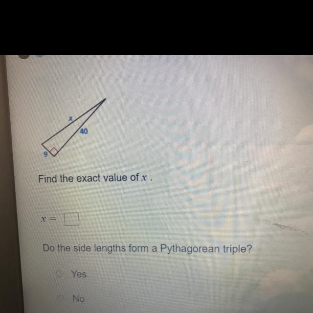 Find the value of x using the pythagorean theorem. Do the side lengths form a pythagorean-example-1