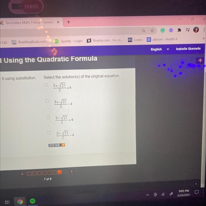 PLEASE HELP ME :( (X+4)^2-3(x+4)-3=0 Select the solutions of the og equation-example-1