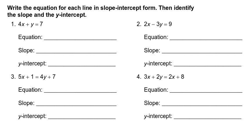 Write the equation for each line in slope-intercept form. Then identify the slope-example-1