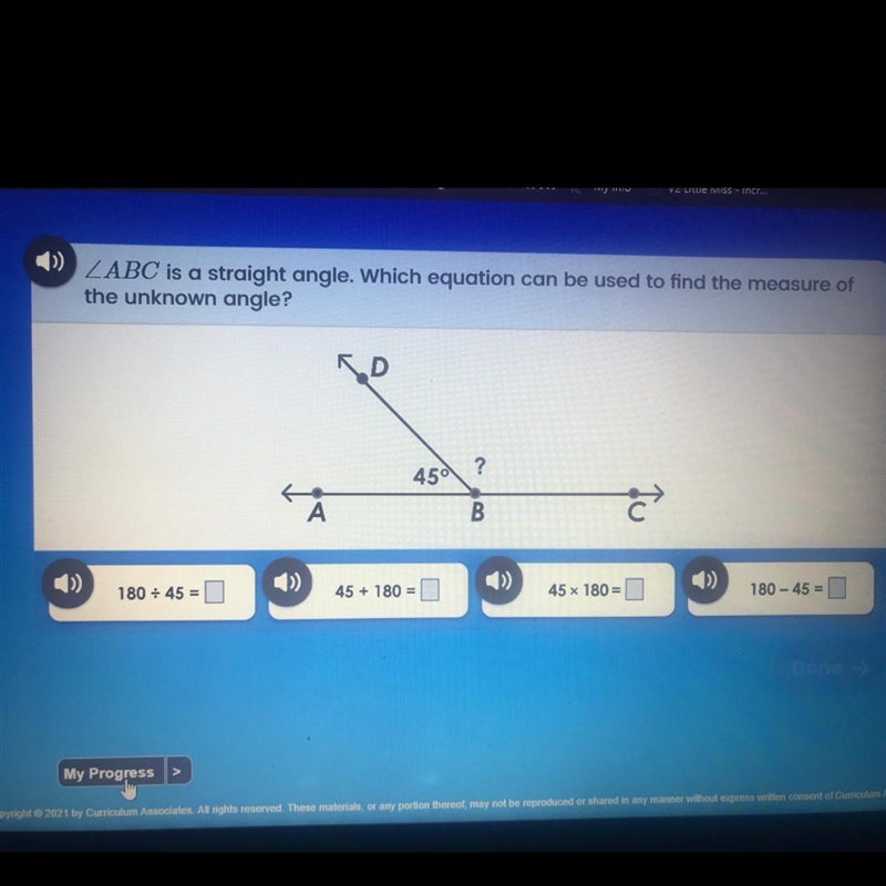 ZABC is a straight angle. Which equation can be used to find the measure of the unknown-example-1