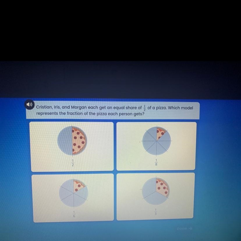 Cristian,Iris,and Morgan each get an equal share of 1/2 of a pizza. Which model represents-example-1