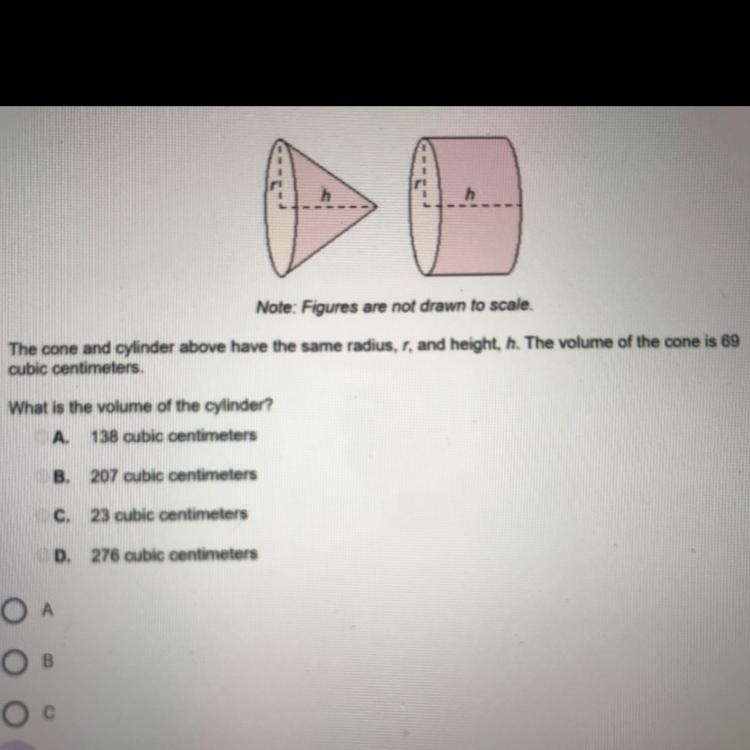 The cone and cylinder above have the same radius, r, and height, h. The volume of-example-1