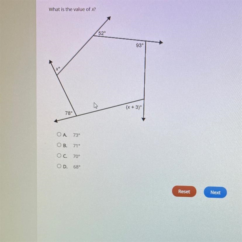 What is the value of x? OA 73° OB. 71° OC. 70° OD. 68°-example-1