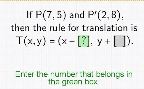 If P(7,5) and P'(2,8), then the rule for translation is T(x,y)=(x-?, y+?).-example-1