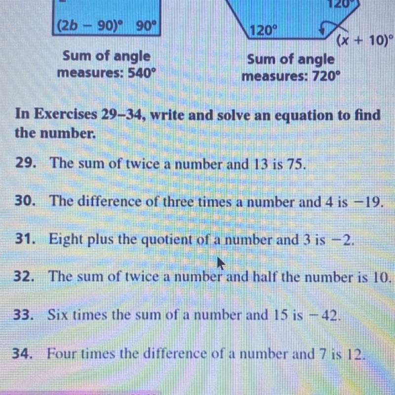 How would i write The difference of three times a number and 4 is -19 in a equation-example-1