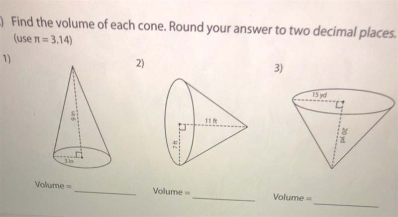 Find the volume of each cone.-example-1