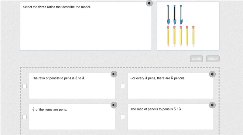 Select the three ratios that describe the model.-example-1