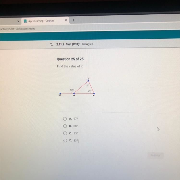 Find the value of x. 105 87" A C A. 670 B. 380 Ins C. 23° ОО D. 339-example-1