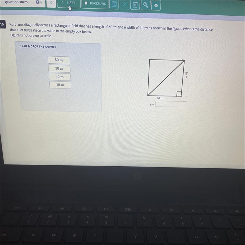 Kurt runs diagonally across a rectangular field that has a length of 30 m and a width-example-1