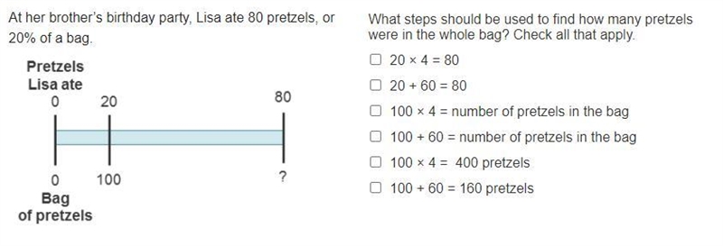 At her brother’s birthday party, Lisa ate 80 pretzels, or 20% of a bag. A tape diagram-example-1