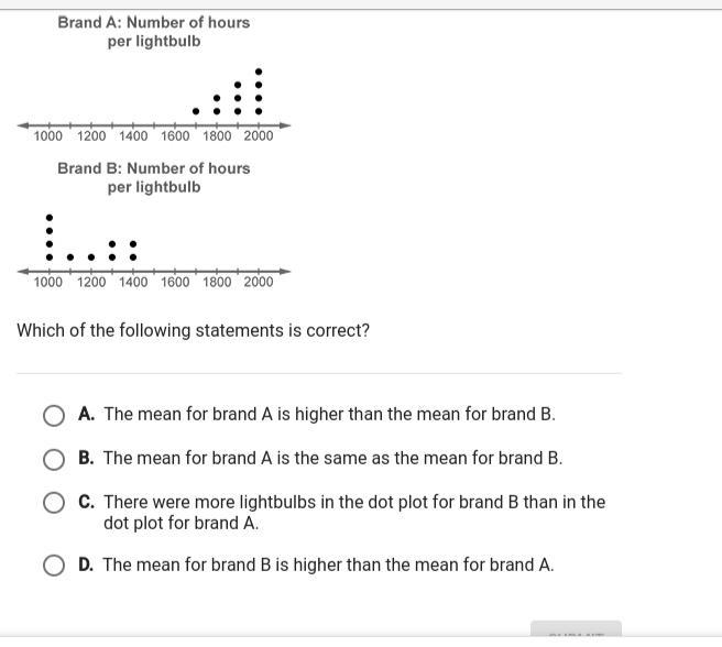 (PLEASE HELPPP GIVING BRAINILEST) The dot plots show the number of hours a lightbulb-example-1