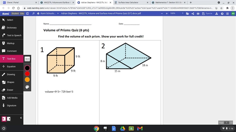 Find the volume of each prism. Show your work for full credit!-example-1