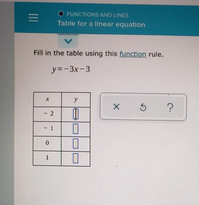 Fill in the table using this function rule. y=-3x-3 ​-example-1