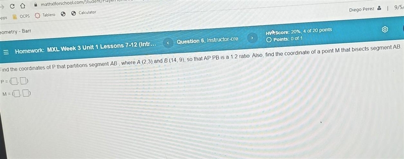 Find the coordinates of P that partitions segment AB , where A (2,3) and B (14,9), so-example-1