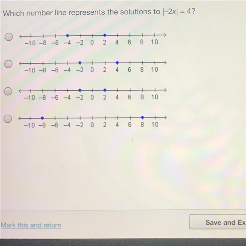 PLSSS HELP IM DESPERATE!! Which number line represents the solutions to -2x| = 4? O-example-1