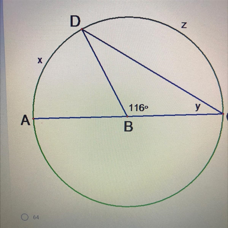 Use the picture to solve for angle y D Z х 116 y A С B 64 ООО 32 16-example-1