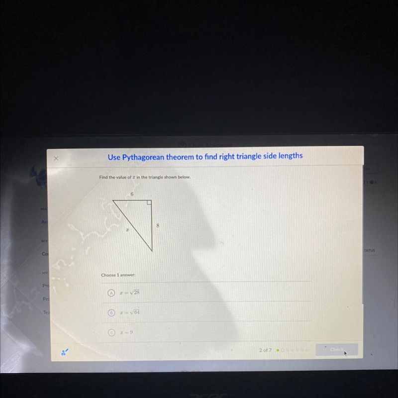 Use Pythagorean theorem to find right triangle side le Find the value of 2 in the-example-1