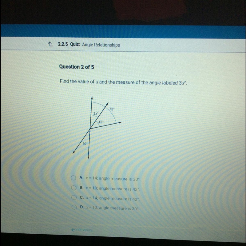 Find the value of x and the measure of the angle labeled 3x. A. x= 14; angle measure-example-1