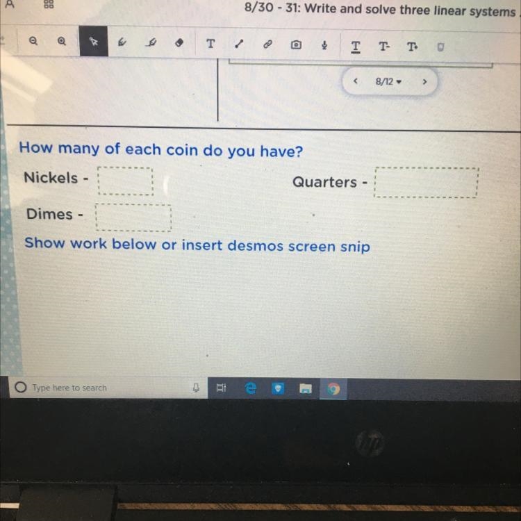 A box contains $8.15 in nickles, dimes, and quarters. There are 47 coins in all, and-example-1