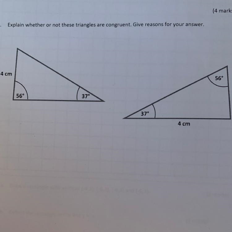 Explain whether or not these triangles are congruent. Give reasons for your answers-example-1