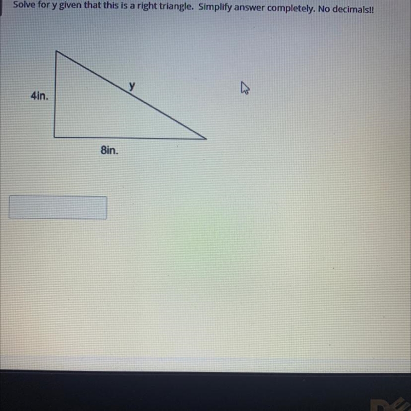 Solve for y given that this is a right triangle. Simplify answers completely. No decimals-example-1