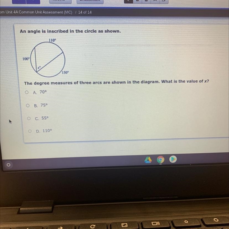 An angle is inscribed in the circle as shown.-example-1