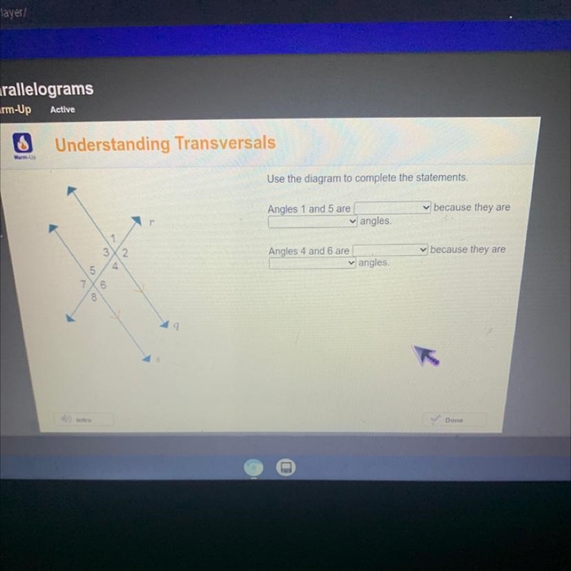 Understanding Transversals Use the diagram to complete the statements. (please helpp-example-1