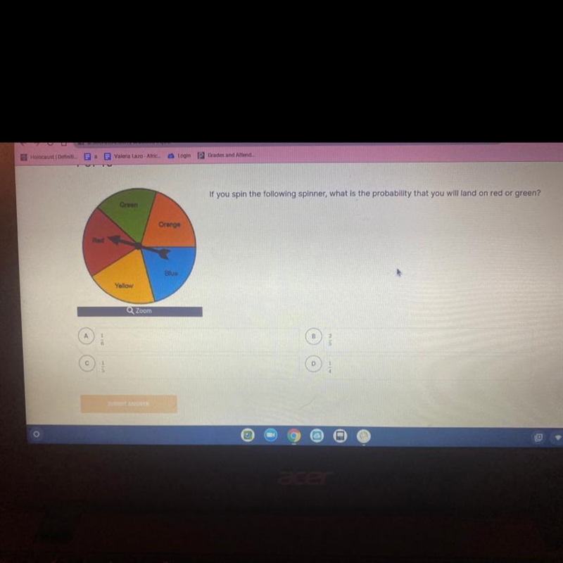 If you spin the following spinner, what is the probability that you will land on red-example-1