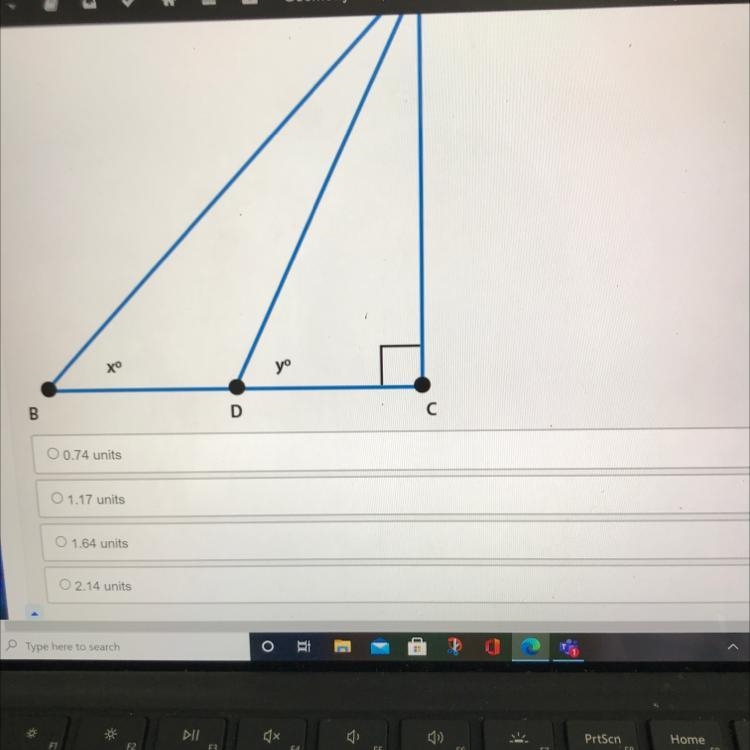 If x = 34, y = 53, and the measure of AC = 4 units, what is the difference in length-example-1