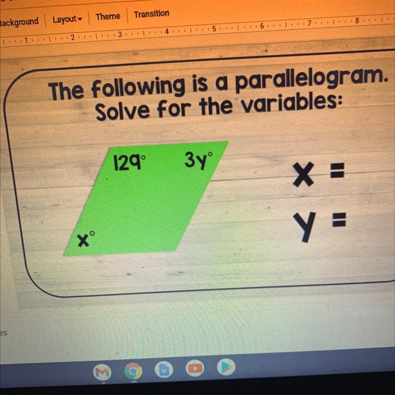 The following is a parallelogram solve for the variables-example-1