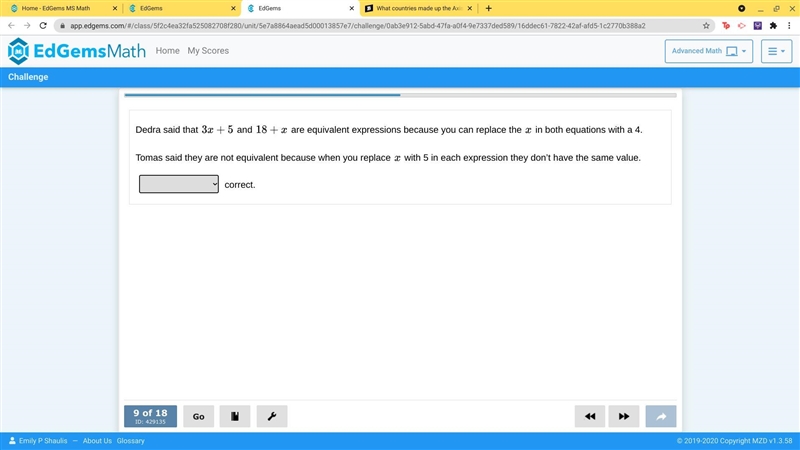 Dedra said that 3x + 5 and 18 + x are equivalent expressions because you can replace-example-1