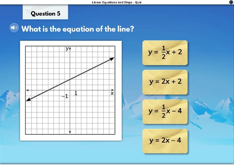 What is the equation of the line? y = 1/2 x + 2 y = 2x + 2 y = 1/2 x - 4 y= 2x x - 4-example-1