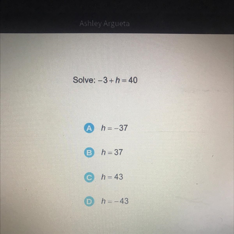 Solve: -3+ h = 40 HELPPP-example-1