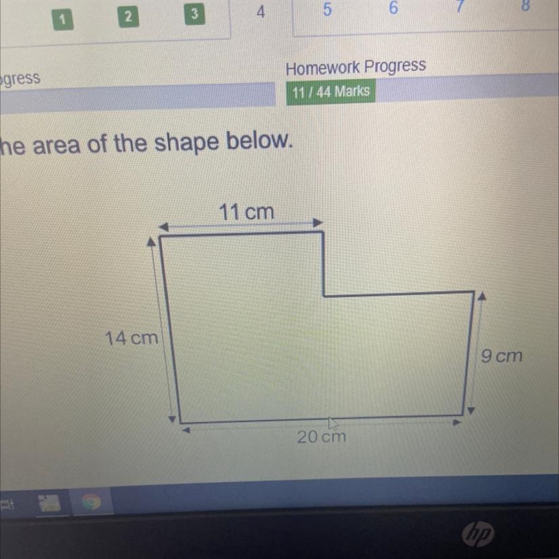 Find the area of the shape below. 11 cm 14 cm 9 cm 20 cm-example-1