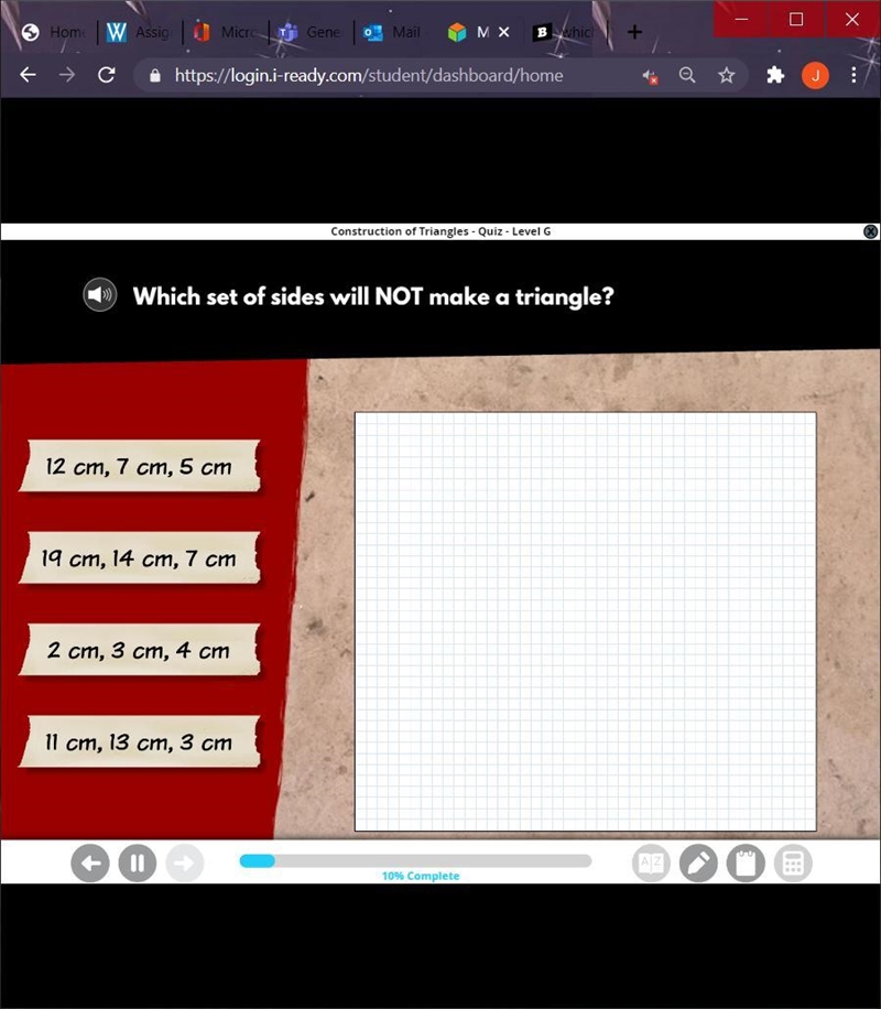 Which set of sides will not make a triangle-example-1