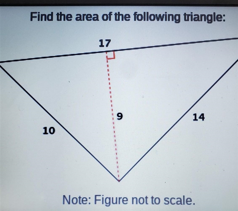 Find the area of the following triangle: 17 9 14 10 Note: Figure not to scale.​-example-1