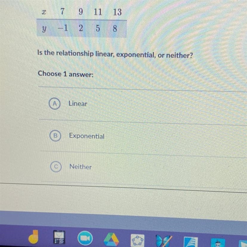 Is the relationship linear, exponential, or neither?-example-1