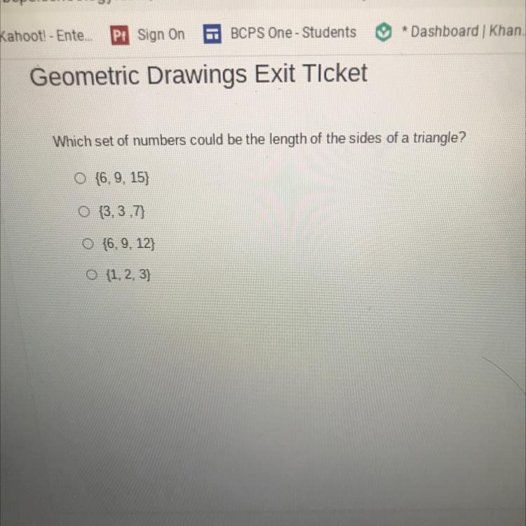 Which set of numbers could be the length of the sides of a triangle?-example-1