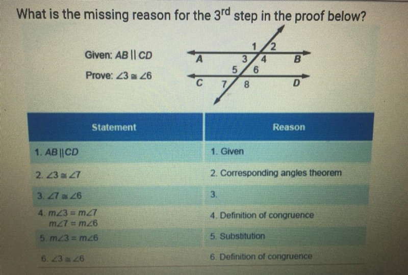 What is the missing reason for the 3rd step in the proof below? A. If two lines are-example-1