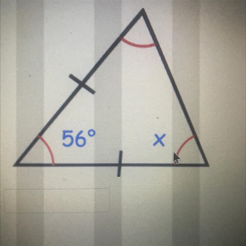 Suppose the following triangle is isosceles. Find the value of x.-example-1