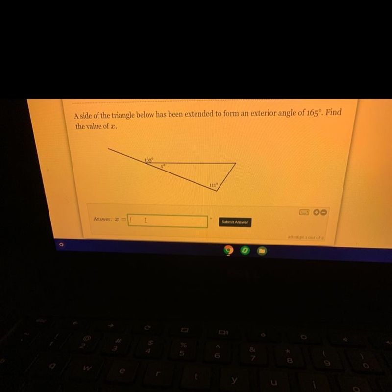 A side of the triangle below has been extended to form an exterior angle of 165º. Find-example-1